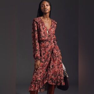 Anthropologie Paige Paulette Women Silk Floral Print Midi Wrap Dress Size L